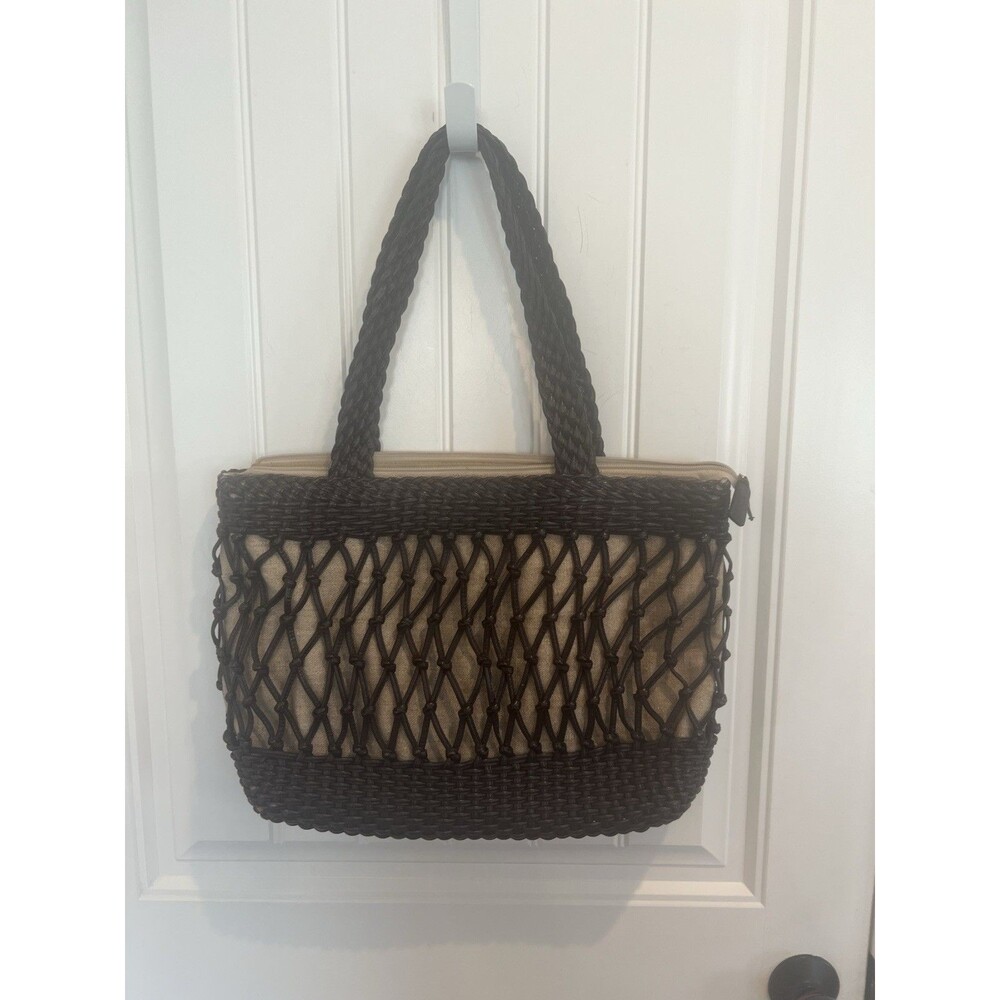 Talbots Brown Basket Weave Tote Linen Leather Shoulder Bag Beach Vacation